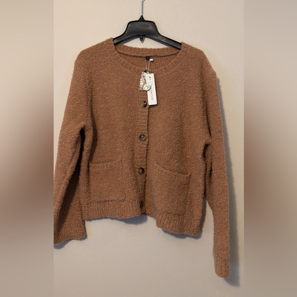 Brown Fuzzy Cardigan ARACH&CLOZ women’s Size Medium NWT - Picture 2 of 7